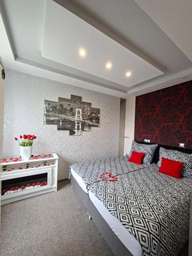 a bedroom with a large bed with red pillows at Hortensja 309 in Koszalin
