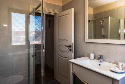 a bathroom with a sink and a shower and a mirror at Sky Park Home 2 in Iaşi