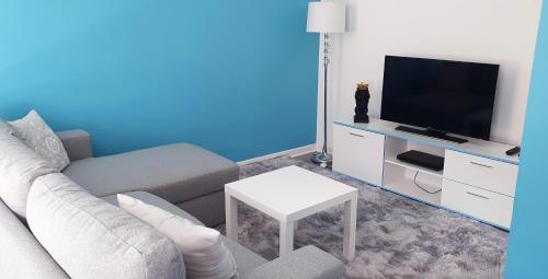 un salon avec un canapé et une télévision dans l'établissement Les Suites de la Bastide, à Carcassonne