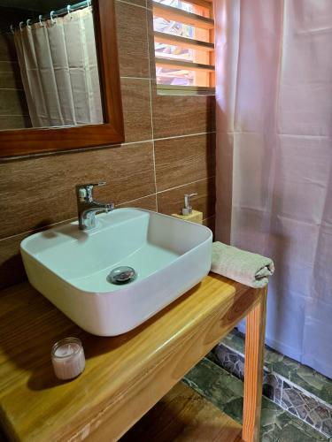 a white sink on a wooden counter in a bathroom at La Casita De La Cueva in Cabo Rojo