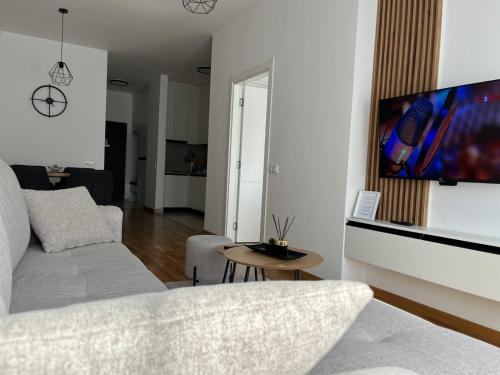 a living room with a couch and a tv on a wall at Apartman Relax in Arandelovac