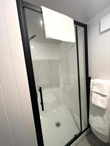 a bathroom with a shower with a glass door at Vibrant Frankton Villa in Queenstown