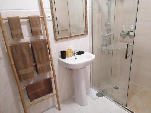 a white bathroom with a sink and a shower at Casa da Tia Bia in Venda