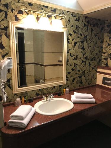a bathroom with a sink and a mirror and towels at Hotel Continental in Plzeň