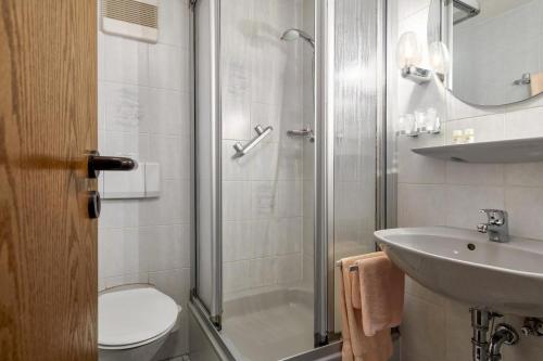 a bathroom with a shower and a toilet and a sink at Garden Depandance Am Bach in Kurort Altenberg