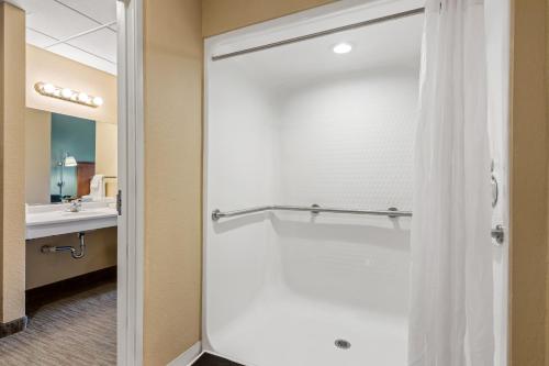 a shower door in a bathroom with a sink at Beachfront Hotel Houghton Lake in Houghton Lake