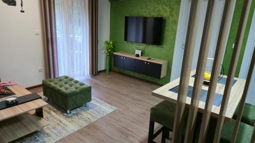 a living room with a television and a green wall at Apartman Tanja in Nova Varoš