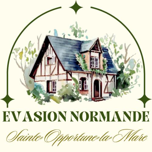 un dessin d'une maison avec les mots éviction normande opportunité faire dans l'établissement Maison Évasion Normande, à Sainte-Opportune-la-Mare