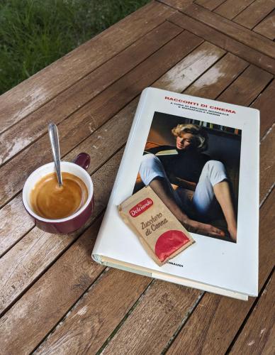 a book and a cup of coffee on a wooden table at B&B Casal Cominium in San Donato Val di Comino