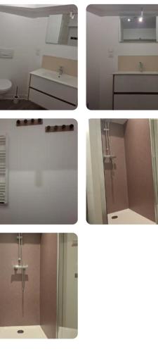 un collage de quatre photos d'une salle de bains dans l'établissement le petit moulin, à Rânes