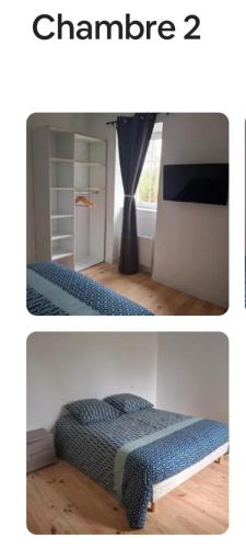 - deux photos d'une chambre avec un lit et une télévision dans l'établissement le petit moulin, à Rânes