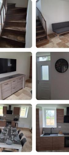 une série de quatre photos d'une cuisine et d'un escalier dans l'établissement le petit moulin, à Rânes