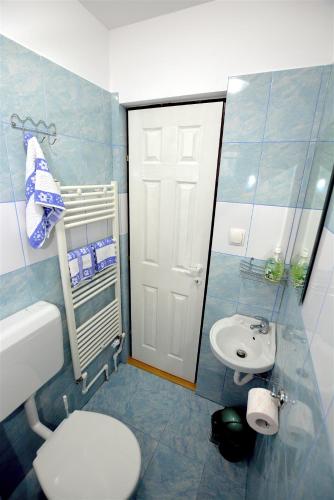 a bathroom with a white toilet and a sink at Tornácos Vendégház in Vlăhiţa