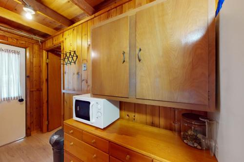 a microwave on top of a wooden cabinet in a kitchen at A-Frame on East Bay in Williamsburg