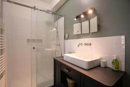 Un baño con lavabo y ducha de cristal. en La Luciole, en Périgueux