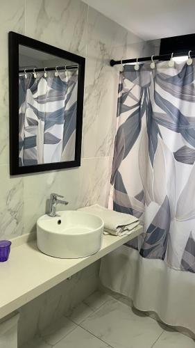 a bathroom with a sink and a shower curtain at luxury Brickell Towers in Tigre