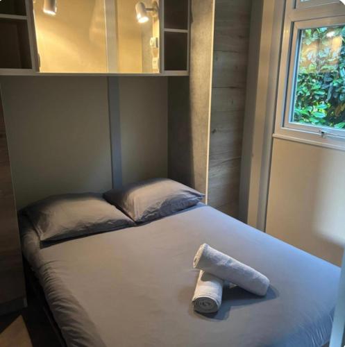 a bed with a towel laying on top of it at La foret des hérissons in Longessaigne
