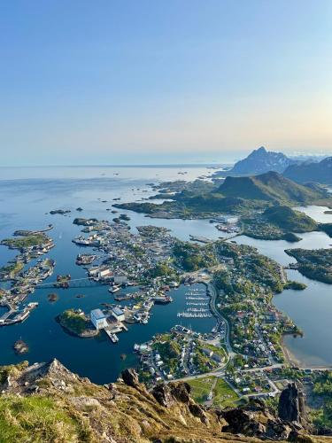 an aerial view of a harbor in the water at Mountain and Sea View Svolvær in Svolvær