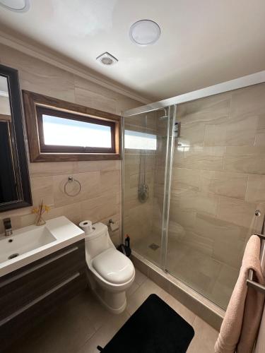 a bathroom with a shower and a toilet and a sink at Chalet Exclusive CasaBlanca in Casablanca