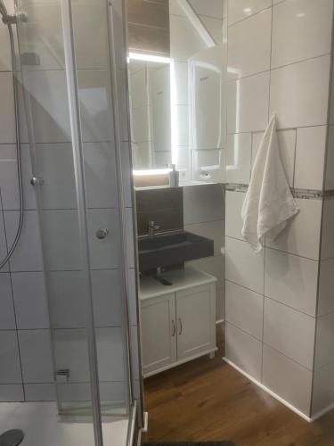 a bathroom with a sink and a mirror at Apartament an der Landgestüt in Warendorf