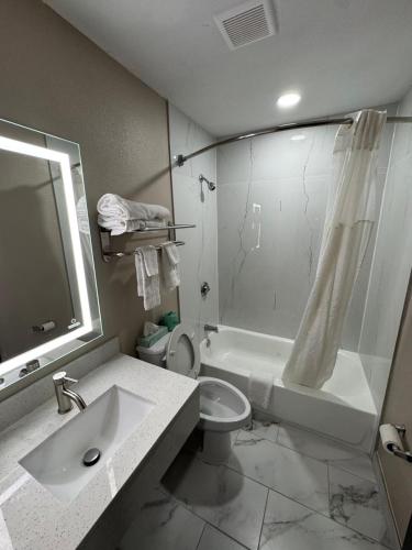 a bathroom with a sink and a toilet and a shower at Texarkana Inn in Texarkana