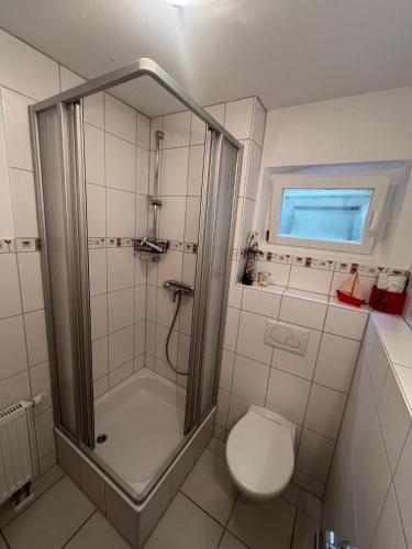 a bathroom with a shower and a toilet at Einliegerwohnung in ruhiger Lage in Gunningen