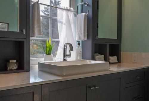 a bathroom counter with a sink and a window at Aspen Serenity - Hiking - in the Teton Valley in Driggs