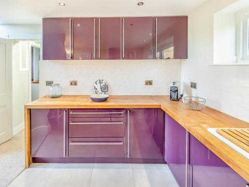 a kitchen with purple cabinets and a wooden counter at Hallmark Lodge in Tenterden