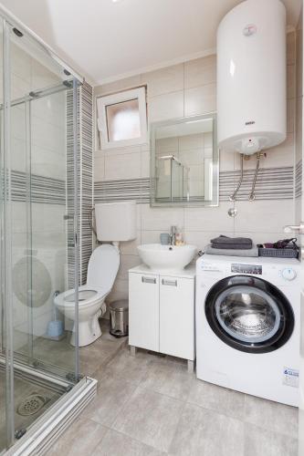 ein Badezimmer mit Toilette und Waschmaschine in der Unterkunft Apartman Aki in Bele Vode