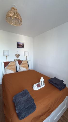 une chambre avec un lit avec deux serviettes dessus dans l'établissement Charmant T2 bien placé avec parking, à Nantes