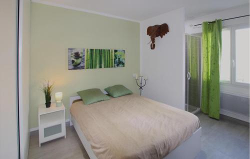 a bedroom with a large bed with green curtains at Awesome Home In Morières Les Avignon in Morières-lès-Avignon