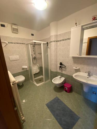 a bathroom with a shower and a sink and a toilet at Casa Mara - Agriturismo Fantelli Luciano in Dimaro