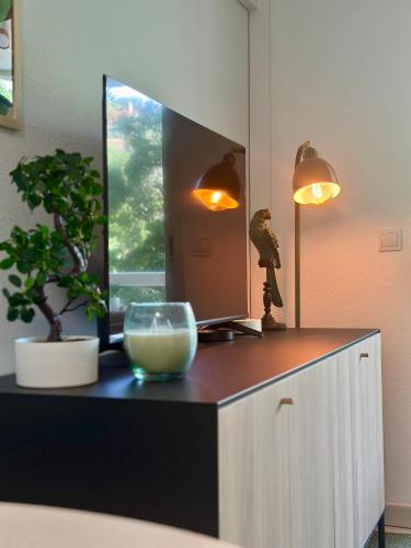 a bathroom with a mirror and a bowl on a counter at L'appartement Vert, Piscine, 750m de la Plage in Cavalaire-sur-Mer