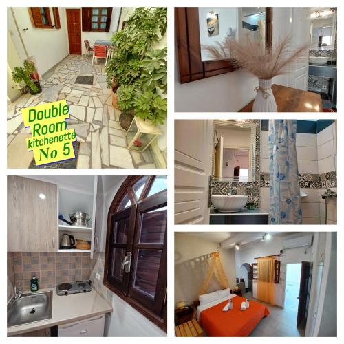 a collage of photos of a kitchen and a house at Evelina Family Beach Pension a breath away from the Black Beach offer plenty of accommodation type to suit every traveler's needs-Economic Rooms-Thematic Rooms-Design Rooms-Kitchenette Rooms-Studios-Small Apartments in Perissa