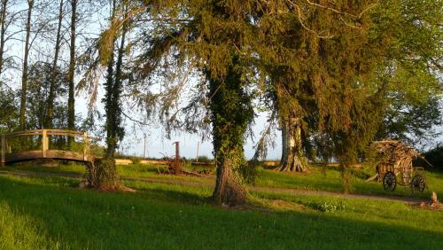 a tree in a field with a bridge and a bike at Domaine de Janis & Spa in Le Vigan