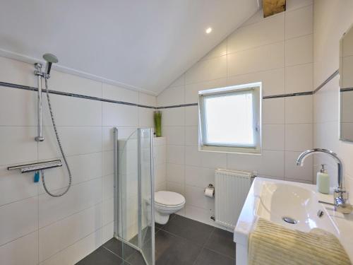 a bathroom with a shower and a toilet and a sink at Design Farmers Barn Twente in Buurse