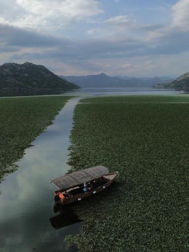 a boat in the middle of a large body of water at Valley Nest in Virpazar