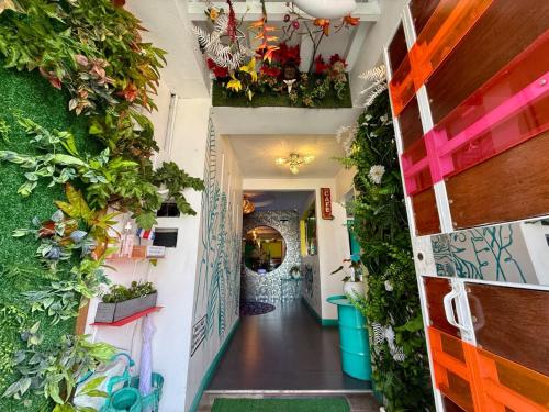 a hallway with plants and flowers on the walls at NATIVUS Art-Hostel in San José