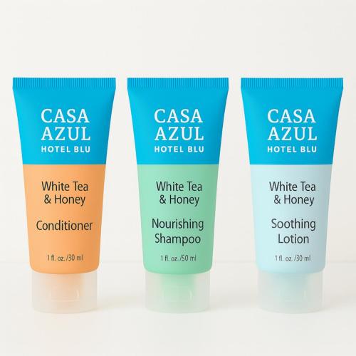 a group of three bottles of white tea and honey sunscreenizers at Casa Azul Hotel Blu-UBS Arena in Queens