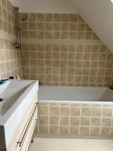a bathroom with a sink and a bath tub at Velkommen til Søhøjlandet A! in Bryrup