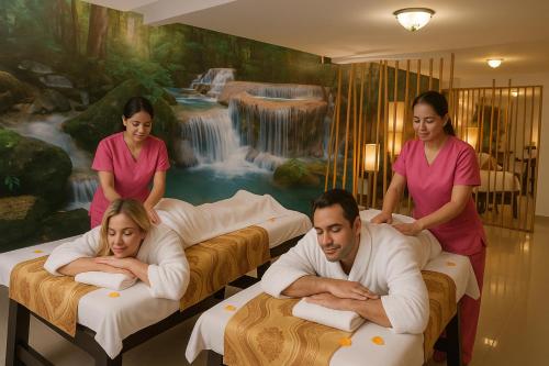 a group of people standing around a room with beds at Hotel Jade Spa in Santa Rosa de Cabal