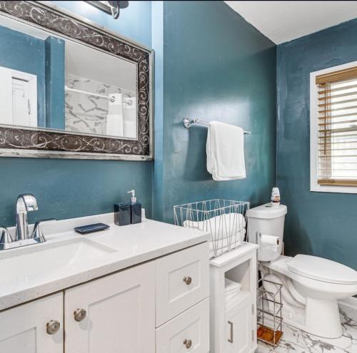 a bathroom with a toilet and a sink and a mirror at Stunning, Pet-friendly Home in Savannah in Savannah