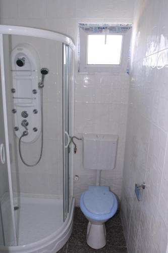 a bathroom with a toilet and a shower with a window at Blue Lagoon in Costinesti