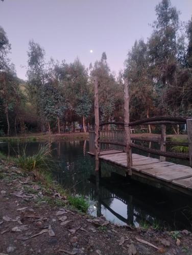 a wooden bridge over a pond in a park at La Polcura Lodge Turismo -Fishing Lodge & Spa in El Llano