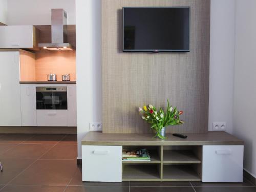 a living room with a table with a tv on a wall at Villa Irene in Trenčianske Teplice