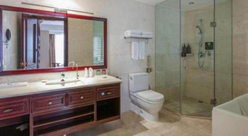 a bathroom with a toilet and a sink and a shower at Jincheng Pacific Hotel in Jincheng