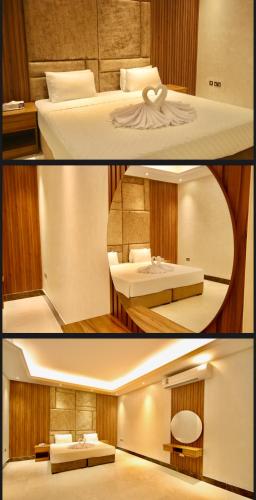 two pictures of a bedroom with a bed and a table at لاكجري صلالة Luxury salalah Villa in Salalah