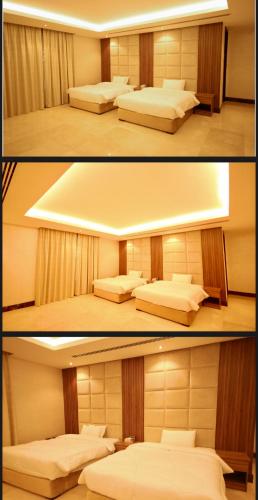 two pictures of a bedroom with two beds at لاكجري صلالة Luxury salalah Villa in Salalah