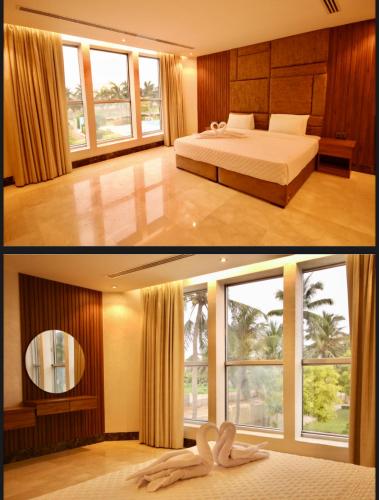 two pictures of a bedroom with a bed and a window at لاكجري صلالة Luxury salalah Villa in Salalah