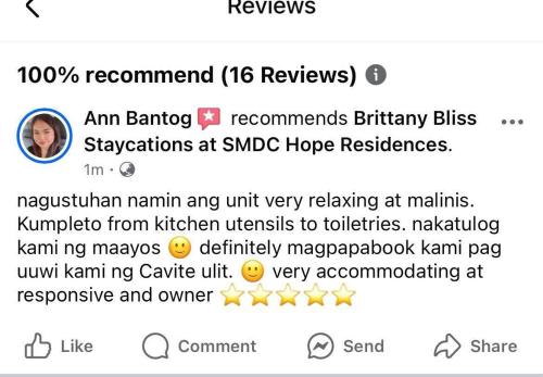 a screenshot of a cell phone of a woman at Brittany Bliss Staycations at SMDC HOPE RESIDENCES in Trece Martires